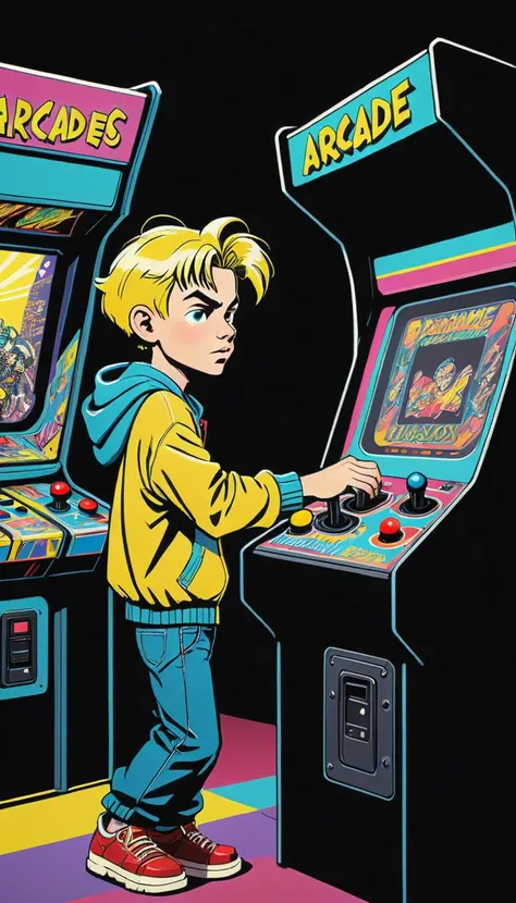 <lora:Everly Heights Comics:1> Pop Art style of a bustling 1990s arcade a teen boy playing one of the games, with vibrant neon lights and classic video game cabinets by Roy Lichtenstein and Andy Warhol, cinematic composition, trending on artstation.