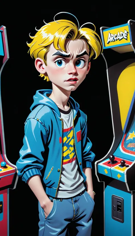<lora:Everly Heights Comics:1> Pop Art style of a bustling 1990s arcade a teen boy playing one of the games, with vibrant neon lights and classic video game cabinets by Roy Lichtenstein and Andy Warhol, cinematic composition, trending on artstation.