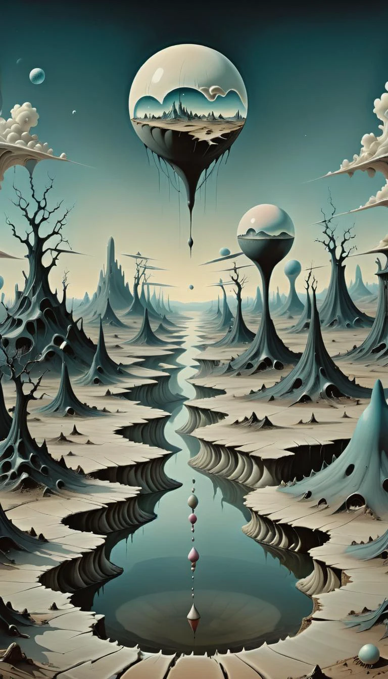 <lora:Everly Heights Comics:1> Surrealist art of a dream-like sequence in a bizarre landscape, cinematic composition.