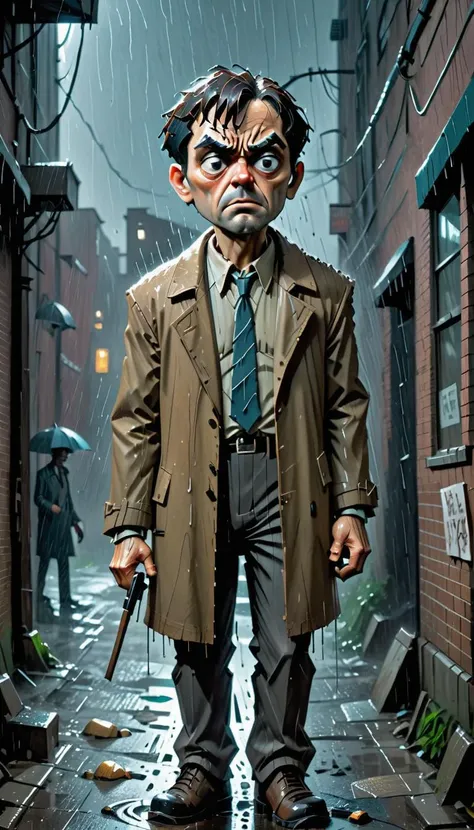 <lora:Everly Heights Comics:1> Expressionist art of a gritty detective in a rain-soaked alley, cinematic composition.