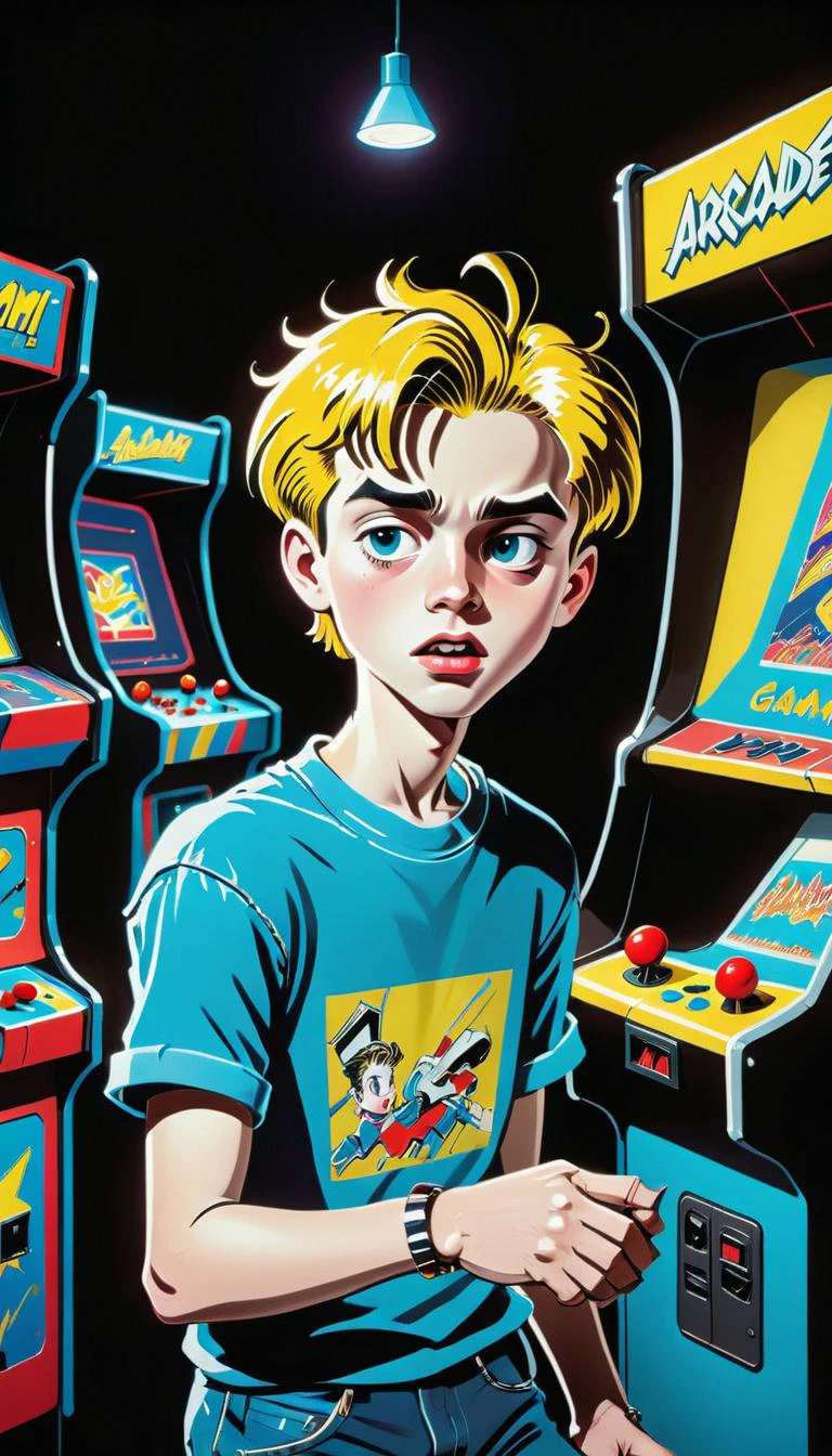 <lora:Everly Heights Comics:1> Pop Art style of a bustling 1990s arcade a boy playing one of the games, with vibrant neon lights and classic video game cabinets by Roy Lichtenstein and Andy Warhol, cinematic composition, trending on artstation.