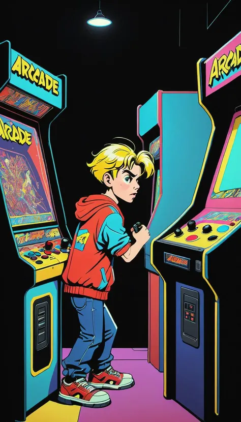 <lora:Everly Heights Comics:1> Pop Art style of a bustling 1990s arcade a teen boy playing one of the games, with vibrant neon lights and classic video game cabinets by Roy Lichtenstein and Andy Warhol, cinematic composition, trending on artstation.
