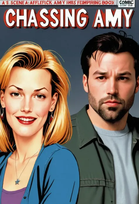 <lora:Everly Heights Comics:1> 1990s comic book cover, A scene featuring Ben Affleck and Joey Lauren Adams from Chasing Amy.