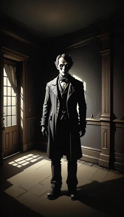Create an image of a ghostly man with a dark, somber expression, surrounded by a translucent glow. He is playing a grand piano in the dark ballroom of a hotel. The ballroom is dimly lit, with flickering lights casting eerie shadows on the walls. The man appears ethereal, with a spectral, haunting presence. The background includes ornate, decaying decorations and an old, worn floor, enhancing the creepy, unsettling atmosphere reminiscent of a classic horror movie
