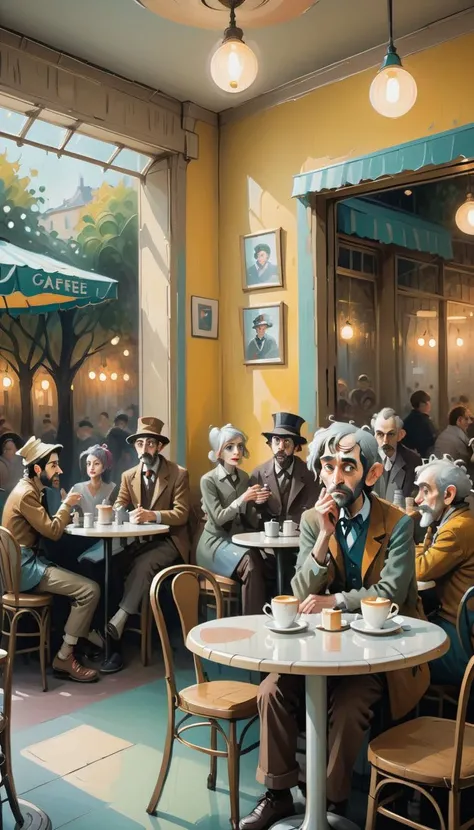 <lora:Everly Heights Comics:1> Impressionist art of a quiet moment in a café filled with eccentric characters, cinematic composition.