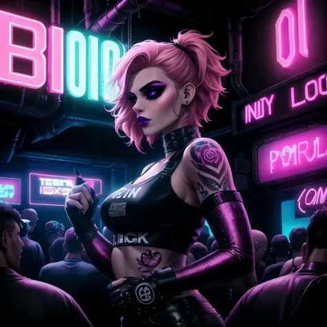 close-up, night club, underground club, neon lights, a punk female, makeup, short pink hair, tattoo, techwear outfit, crowd, industrial, perfection, beautiful, masterpiece