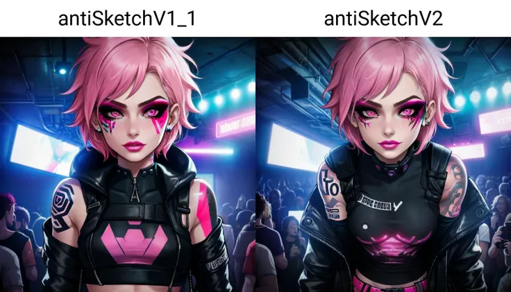 close-up, night club, underground club, neon lights, a punk female, makeup, short pink hair, tattoo, techwear outfit, crowd, industrial, perfection, beautiful, masterpiece