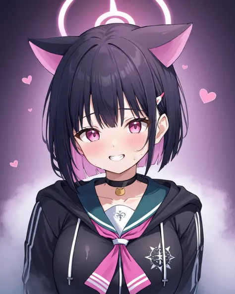 breathtaking,kazusa \(blue archive\),1girl, solo, looking at viewer, blush, jacket, upper body, heart, sweat, choker, hood, sailor collar, grin, black jacket, neckerchief, black choker, halo, steaming body, pink neckerchief
<lora:Kazusa_image220_v1:1> . gorgeous,key visual, vibrant, studio anime,award-winning, professional, highly detailed,high budget, cinemascope