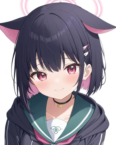 kazusa \(blue archive\),1girl, green_sailor_collar, smile, solo, white_background, upper_body, hairclip, halo, closed_mouth, looking_at_viewer, simple_background, hood_down, black_choker, neckerchief, smug, blush, school_uniform, hooded_jacket
<lora:kazusa_(blue_archive)_image2363_2023-11-28-000006:1>halo. gorgeous,key visual, vibrant, studio anime,award-winning, professional, highly detailed,high budget, cinemascope
