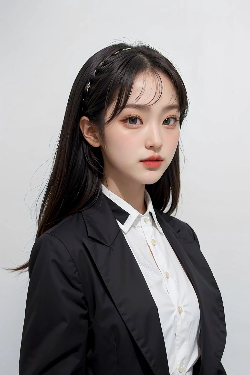 1girl, black random formal attire, white background, <lora:ppunnch_4EVE-02:1>