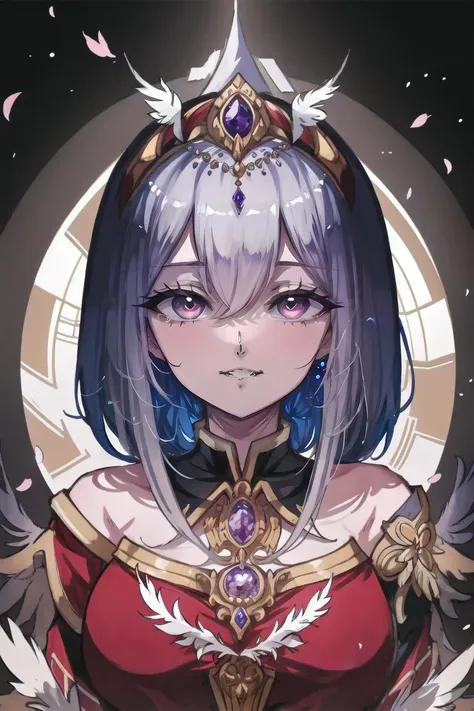 <lora:love_anime_style_v1:1>A mesmerizing digital portrait of a charismatic woman with piercing violet eyes, adorned in an ornate headdress, surrounded by vibrant blossoms and delicate feathers