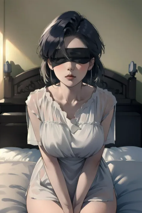(absurdres, highres, ultra detailed),highres, 1girl,<lora:PerfectNwsjMajic_4:0.8>, PerfectNwsjMajic,sitting on bed, upper body, <lora:incoming_kiss:1>, incoming kiss,closed eyes, <lora:blindfold_lora01:1>, blindfold