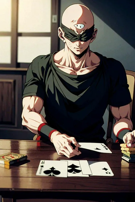 absurdres, (best quality), (masterpiece),(ultra-detailed:1.2),(photorealistic:1.1),ultra high res,
1boy, male, sitting, grin,
playing card game,holdiing card,
<lora:tien_v0_4:0.8>,tien,bald,third eye,
<lora:blindfold_lora01:1>, blindfold,
<lora:anime_minimalist_v1-000020:-0.1>,
<lora:flat2:-0.5>,
