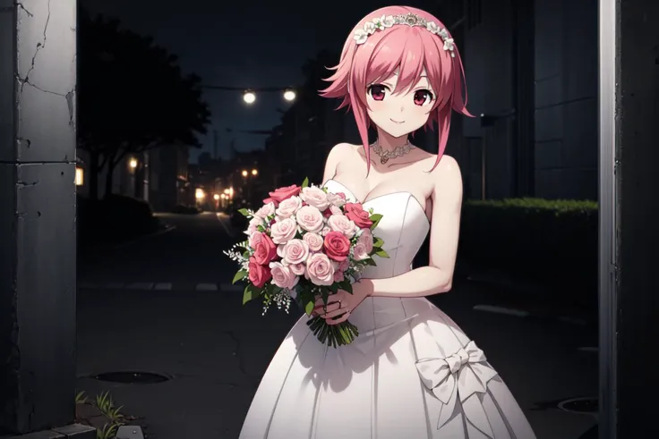 OnoeSerika/(CHAOS;CHILD/), 1girl, solo, pink hair, pink eyes, short hair, <lora:OnoeSerikaV0.1:0.6>,outdoors, solo focus, smile, looking at viewer,wedding dress, bridal veil,