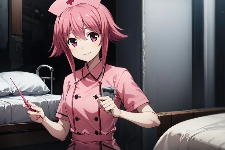 OnoeSerika/(CHAOS;CHILD/), 1girl, solo, pink hair, pink eyes, short hair, <lora:OnoeSerikaV0.1:0.6>,outdoors, solo focus, smile, looking at viewer,nurse, hospital bed,cowboy shot, holding needle,