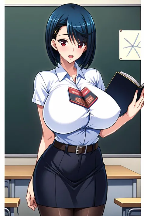 ((masterpiece)),((best quality)),ultra-detailed,illustration,1girl, breasts, solo, teacher, red eyes, skirt, pantyhose, short hair, book, open mouth, pencil skirt, black hair, hair ornament, chalkboard, belt, impossible shirt, huge breasts, blue hair, pointer, hairclip, impossible clothes, shirt, black pantyhose, blush, holding, open book, taut shirt, holding book, taut clothes,Beautiful Finger,Beautiful long legs,Beautiful body,Beautiful Nose,Beautiful character design,perfect eyes,perfect face,alluring,wallpaper,perfect lighting,Colorful,ultra highres,4K,photography,8K,HDR,highres,(groin),inoue orihime,(Beautiful, large breasts:1.4),(beautiful face:1.2),(narrow waist),(shiny skin),nsfw, anime screencap, <lora:Kurashiki Tomoko:0.7>