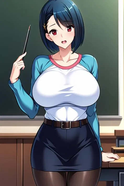 ((masterpiece)),((best quality)),ultra-detailed,illustration,
1girl, breasts, solo, teacher, red eyes, skirt, pantyhose, short hair, book, open mouth, pencil skirt, black hair, hair ornament, chalkboard, belt, impossible shirt, huge breasts, blue hair, pointer, hairclip, impossible clothes, shirt, black pantyhose, blush, holding, open book, taut shirt, holding book, taut clothes,Beautiful Finger,Beautiful long legs,Beautiful body,Beautiful Nose,Beautiful character design,perfect eyes,perfect face,alluring,wallpaper,perfect lighting,Colorful,ultra highres,4K,photography,8K,HDR,highres,(groin),inoue orihime,(Beautiful, large breasts:1.4),(beautiful face:1.2),(narrow waist),(shiny skin),nsfw, anime screencap, <lora:Kurashiki Tomoko_20230712211616:0.7>