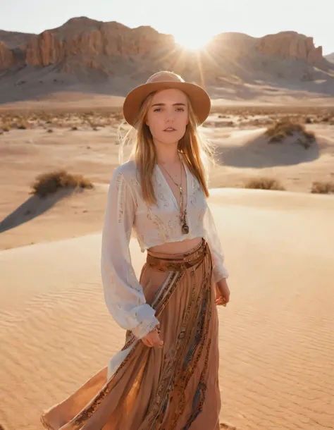 Noelle, clad in her bohemian-inspired ensemble, seamlessly posed within the vast and surreal desert landscape, captured by a wide camera angle that emphasized her free-spirited nature as she effortlessly embraced the golden hour's soft light, enveloping her with elegance. <lora:ozyzuw18f741729fcy2cd:1>