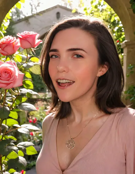 Amidst an urban garden of thriving greenery and vibrant blooms, Noelle, the confident woman with her black locks flowing in a solo shot, stands gracefully as she holds a fragrant rose near her face while capturing her close-mouthed smile; her necklace dangling below her parted lips, framed by an archway where sun rays dance through, casting illuminating shadows on the 1girl's serene visage. <lora:nmwvuz18f74092150h299:1>