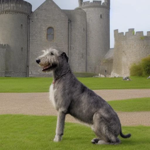 Photo of Irish_wolfhound, dog, in front of a medieval castle with a knight on horseback<lora:IWolf:1>