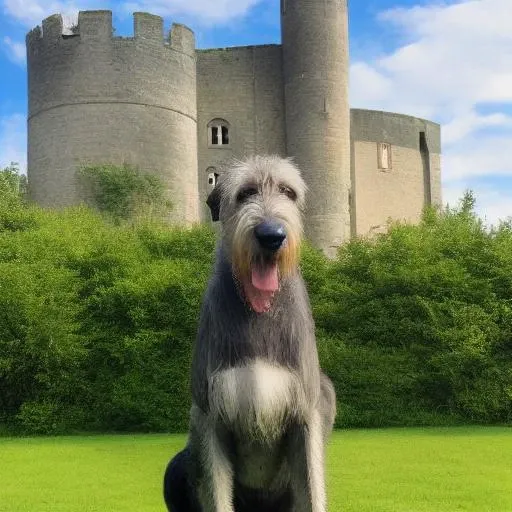 Photo of Irish_wolfhound, dog, in front of a medieval castle with a knight on horseback<lora:IWolf:1>