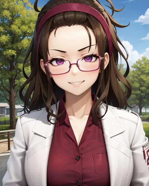 best quality, (masterpiece:1.2), illustration, absurdres,
(1girl), (solo), (beautiful detailed girl), ((upper body, portrait)),
<lora:Rosalie-07:0.7>, brown hair, long hair, messy hair, burgundy headband, forehead, purple eyes, medium breasts,
glasses, half-frame glasses,
labcoat, burgundy shirt,
looking at viewer, (smug:1.1), grin,
park, sky, clouds, trees, outside japanese school,