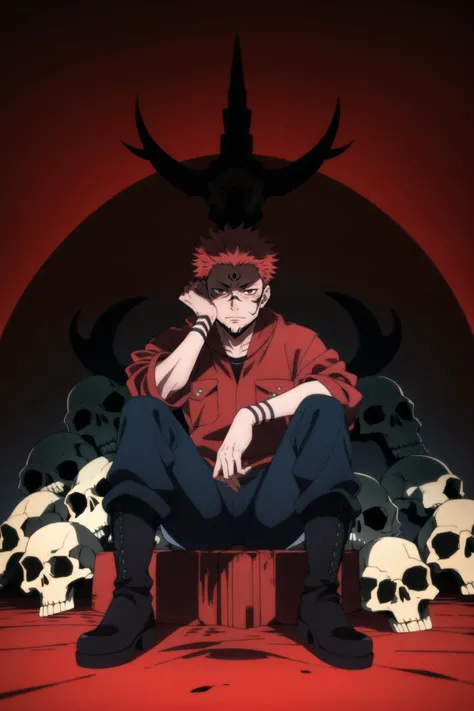 masterpiece, best quality, solo, RyomenSukuna, 1man, jacket, ((cargo, black cargo pants)), boots, shaded face, closed mouth, animal skull, holding skull, sitting, blood, red theme, <lora:RyomenSukuna001:0.6>