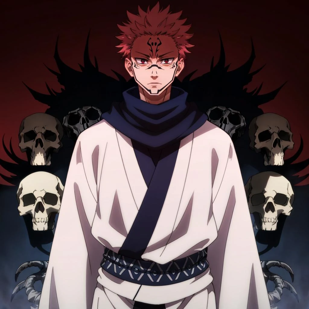 masterpiece,high quality,solo,
<lora:RyomenSukuna001:0.7>,
RyomenSukuna,1man,
blue scarf,japanese clothes,white kimono,wide sleeves,long sleeves,
obi,
tabi,zouri,
hell,shadow,shadowed face,skull,animal skull,red background,