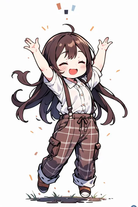 solo,1girl,arms up,(five fingers),male focus,closed eyes,white background,watermark,simple background,suspenders,brown hair,pants,denim,open mouth,web address,full body,smile,plaid,shirt,