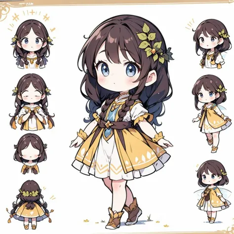 4k,Disney fairy tale princess,6-8 years old cute appearance,rapunzel,((brunette)) long braids,with a wreath,wearing a pale yellow puffy princess skirt,two hands with skirts,gently tiptoe walking,shy expression,white background,simple background,character sheet,solo,wearing same outfit,multiple view: front view,side view,multiple expression,