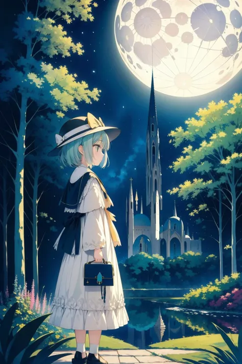 1girl, (stylized by Gertrude Abercrombie:1.3) , surrealism art, artistic Vector Art, Relaxed, landscape of a Flat Art [Hyperdetailed|Lively] ([Yosemite Valley:The Chaco Culture:4]:1.3) in the distance there is a St. Stephen's Cathedral, dense vegetation with Catalpa, Moon in the night, Overdetailed art, Guilty, Impressionism, moody lighting, Depth of field 270mm, two colors, Alabaster outlines, (DayGlo purple and Mint green:0.7) , 4K, lots of details