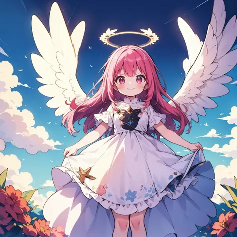 masterpiece,best quality,1girl,dress,halo,cloudy blue sky,angelic wings,pink hair,long hair,red eyes,smile,looking at viewer,closed mouth,full body,