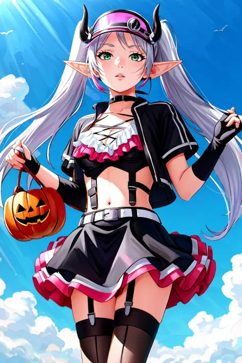 (masterpiece, best quality),  intricate details,
1girl,     <lora:frierenv2-lora-nochekaiser:0.8> frieren, long hair, twintails, (green eyes:1.1), grey hair, pointy ears, elf, 
 <lora:halloween_game-outfit-v23h:0.8> hllwngm outfit, pink visor cap, headset, black collar, pink demon wings, demon tail, demon horns, cropped jacket, open jacket, crop top, cleavage, suspenders , black detached sleeves, black fingerless gloves , pink layered miniskirt, black waist apron , brown thighhighs, black knee boots
outdoors, trick or treat, halloween, jackolatern,