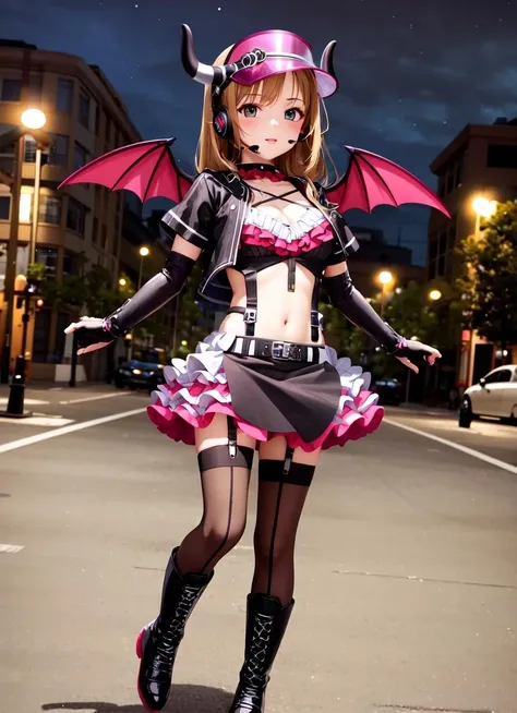 masterpiece, best quality, ultra-detailed, illustration, 1girl, solo, looking at viewer, hllwngm outfit, pink demon wings, demon horns, pink visor cap, headset, black collar, cropped jacket, open jacket, black detached sleeves, black fingerless gloves, cleavage, crop top, suspenders, pink layered miniskirt, black waist apron, brown thighhighs, black knee boots, full body, outdoors, night, standing, tatoo, <lora:halloween_game-outfit-v23h:0.8>