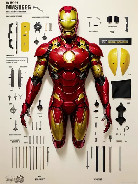 ultra-detailed,highly detailed CG illustration,extreme detailed,highest detailed,"masterpiece,
layout plan,c_jie,disassembly,iron_man,Parts laid flat,Front view,