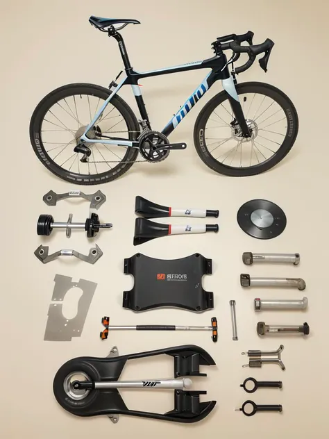 c_jie,Bicycle dismantling,Parts laid flat,Front view,