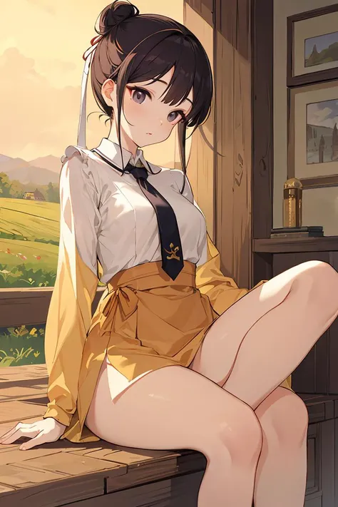 (masterpiece, best quality), female senior, firm, east asian, black eyes, pointed ears, pointed chin, unique cheeks, oval face shape, athletic triceps, , lilac messy bun hair, admiration wearing cotton cheeky, tie-front blouse, , leggy pose, legs extended, emphasizing length and allure, warm lighting, soft golden or amber hues creating a cozy and inviting atmosphere, a picturesque countryside, with rolling hills, green meadows, and grazing animals