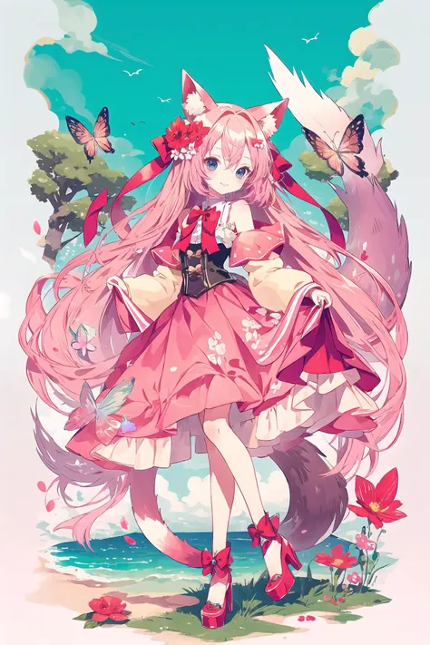 best quality,highly detailed, masterpiece, 1girl, solo, animal ears, long hair, flower , full body, hair flower, pink footwear, dress, hair ornament, bare shoulders, tail, smile, pink skirt, skirt hold, blue eyes, off shoulder, skirt, looking at viewer, long sleeves, bangs, hair bow, pink bow, hair between eyes, high heels, red flower, red bow, closed mouth, corset, frills, pink dress, very long hair, white background, bug, pink hair, standing, butterfly, off-shoulder dress ,scenery, sky, cloud, outdoors, day, whale, blue sky, tree, fish, leaf, nature, ocean, cloudy sky, fence, landscape, fantasy, animal
////////, <lora:yumenouchi-000199:1>, <lora:ç»ä¸½çå
å½±:0.2>,<lora:add_detail:0.35>, <lora:adaptedmodel:0.35>