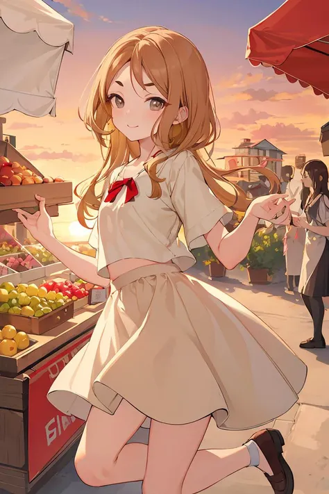 (masterpiece, best quality), female middle-aged, slinky, scandinavian, dark brown eyes, unlobed ears, aquiline nose, double chin, soft jaw, full cheeks, flat forehead, graceful eyebrows, , honey blonde choppy haircut hair, smile wearing shirt dress, crop top, mary jane shoes, , teasing look, gazing with a playful and teasing expression, igniting curiosity and attraction, sunset lighting, the warm, golden glow of a sunset, adding a romantic and enchanting feel to the scene, a vibrant farmer's market, bustling with people and colorful produce