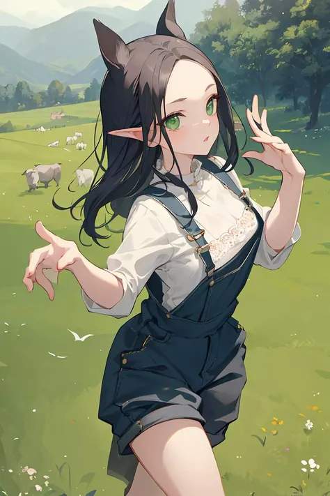 (masterpiece, best quality), female adolescence, buoyant, scandinavian, emerald eyes, large ears, round jaw, symmetrical cheeks, widows peak forehead, unusual face shape, , light black (soft black) dutch braid hair, joy wearing capri overalls, bra with lace details, pumps, , dancing pose, dancing with fluid and graceful movements, exuding sensuality and allure, lens flares, dreamy flares adding a whimsical and romantic touch to the visuals, a picturesque countryside, with rolling hills, green meadows, and grazing animals