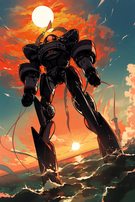 solo, white background, red eyes, simple background, robot, standing, no humans, science fiction ,scenery, cloud, sky, outdoors, sunset, dutch angle, cloudy sky, water, horizon, ocean, sun, sunlight, fence
///////////
/////////// <lora:Huya:1>,<lora:ç»ä¸½çå
å½±:0.2><lora:adaptedmodel:0.35>