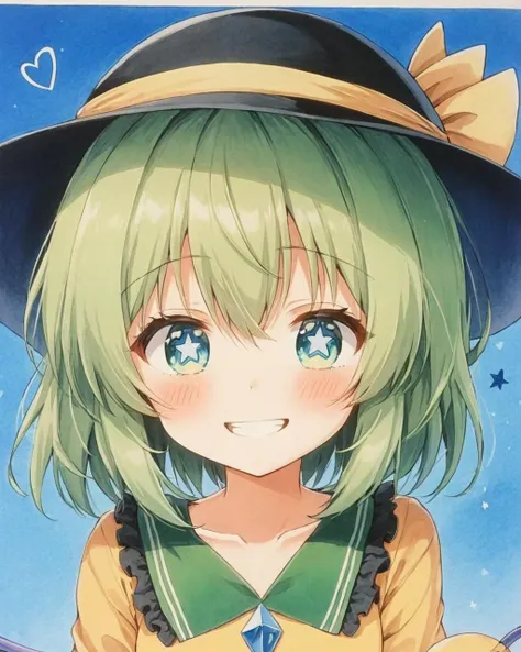 komeiji koishi,1girl, solo, one_eye_closed, traditional_media, shikishi, looking_at_viewer, grin, hat_ribbon, heart, black_headwear, marker_\(medium\), shirt, blush, collarbone, teeth, blue_background, yellow_ribbon, portrait
<lora:komeiji_koishi_image10724_2023-12-20-000004:1>,star-shaped_pupils,symbol-shaped_pupils,. gorgeous,key visual, vibrant, studio anime,award-winning, professional, highly detailed,high budget, cinemascope