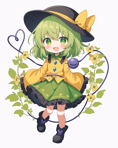 komeiji koishi,diamond_\(shape\), 1girl, yellow_shirt, black_footwear, black_headwear, solo, fang, diamond_button, hat, green_skirt, simple_background, boots, sleeves_past_fingers, white_background, blush, third_eye, long_sleeves, flower, full_body, yellow_ribbon, open_mouth, +_+, :d, food, vines, heart_of_string, frilled_skirt, standing, frilled_sleeves
<lora:komeiji_koishi_image10724_2023-12-20-000004:1>,star-shaped_pupils,symbol-shaped_pupils,. gorgeous,key visual, vibrant, studio anime,award-winning, professional, highly detailed,high budget, cinemascope