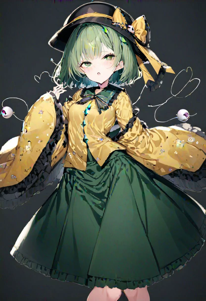 masterpiece, best quality, ultra-detailed, beautiful, nai3, 1boy, solo, full_body, tachi-e,
((komeiji koishi)):2, solo, 1girl, too_many_lace, lace, hat, hat_bow, green_hair, green_eyes, yellow_shirt, green_skirt, long_sleeves, wide_sleeves, floral_print, third_eye, eyeball, heart, heart_of_string, heart-shaped_pupils, shirt, yellow_ribbon, skirt, short_hair, frilled_sleeves, frilled_shirt_collar, hat_ribbon, bangs, blouse,