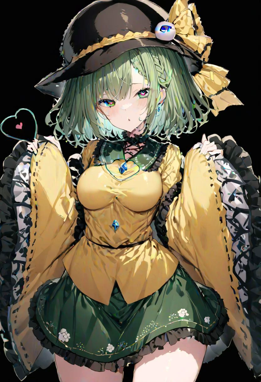 masterpiece, best quality, ultra-detailed, beautiful, nai3, 1boy, solo, full_body, tachi-e,
((komeiji koishi)):2, solo, 1girl, too_many_lace, lace, hat, hat_bow, green_hair, green_eyes, yellow_shirt, green_skirt, long_sleeves, wide_sleeves, floral_print, third_eye, eyeball, heart, heart_of_string, heart-shaped_pupils, shirt, yellow_ribbon, skirt, short_hair, frilled_sleeves, frilled_shirt_collar, hat_ribbon, bangs, blouse,