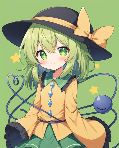 komeiji koishi, 1girl, yellow_shirt, diamond_button, solo, one_eye_closed, sleeves_past_fingers, third_eye, long_sleeves, smile, frilled_sleeves, green_background, closed_mouth, white_pupils, green_skirt, blush_stickers, frilled_shirt_collar, heart_of_string, black_headwear, no_headwear, looking_at_viewer, tail, blouse, simple_background, wide_sleeves
<lora:komeiji_koishi_image10724_2023-12-20-000004:1>,star-shaped_pupils,symbol-shaped_pupils,. gorgeous,key visual, vibrant, studio anime,award-winning, professional, highly detailed,high budget, cinemascope