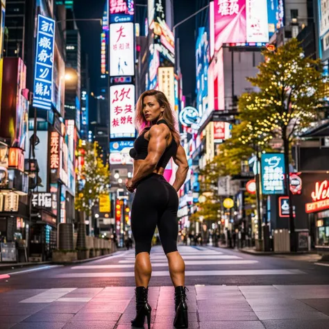 bodybuilder female on a street in Tokyo among neon signs, close up, bodybuilder, huge breasts, pretty face, 1girl, solo,  breasts, abs, toned, muscles, jet black hair, blue eyes, pale skin, bodybuilder, toned, muscular, large thighs