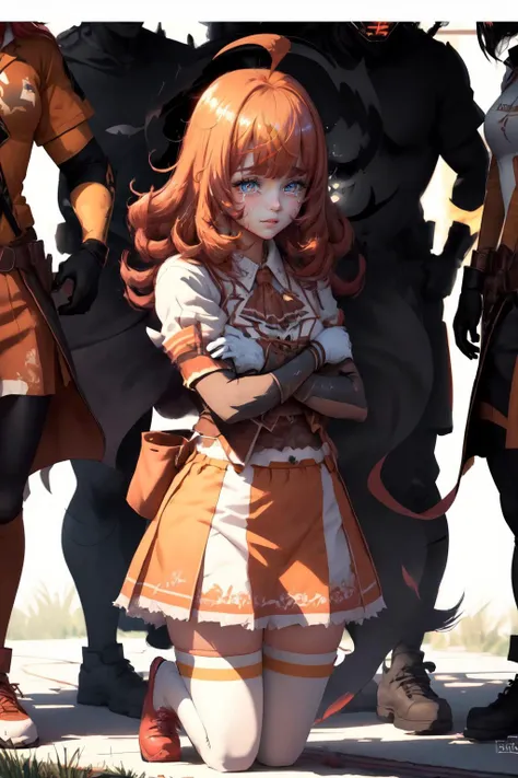 Highly detailed, High Quality, Masterpiece, beautiful, sharp focus, shiny skin, best quality, perfect anatomy:1.4, high detailed, 8k, highres, lineart, sketch, (masterpiece:1.4), (highest quality:1.4), (sharp focus:1.2), (colored:1.3), (digital painting:1.1), 8k wallpaper, (tight gap:1.2), stadia-chan, huge ahoge, multicolored eyes, ascot, white shirt, orange skirt, white gloves, orange thighhighs, white shoes, <lora:Char_Meme_Stadiachan:0.8>, crying, tears, shadowhug, hug from behind, <lora:Pos_SomeoneBehindYou:1>