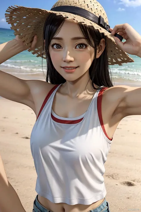 1girl, sawamura haruka (young), ryu ga gotoku, yakuza, solo, long hair, loose hair, red shirt, shorts, straw hat, on beach in Okinawa, (smile:1.3), laugh posing, dynamic pose, cute, kawaii, beautiful, looking at viewer, detailed face, detailed skin, rounded eyes, (((best quality, masterpiece))), (((extremely detailed))), (8k resolution), ((realistic)), colorful, RAW photo, cinematic lighting, best quality, 8k uhd, realistic, (unreal engine), realistic color palette, <lora:Sawamura Haruka (Young):1>