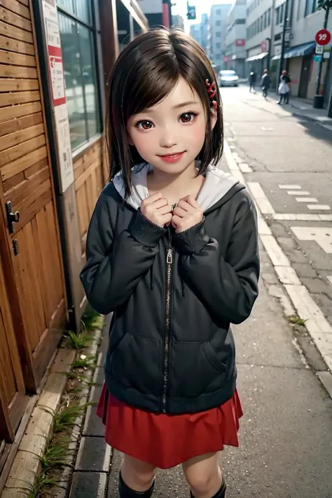 1girl, (9, chvery yo short height:1.5), sawamura haruka (child), ryuotoku, yakuza, long hair, hair over shoulders, brown hair, swept bangs, hair ornament, brown eyes, lips, flat chest, hoodie jacket, red skirt, boots, on kabukicho streets, (smile:1.3), laugh, cute, kawaii, looking at viewer, detailed face, detailed skin, rounded eyes, (((best quality, masterpiece))), (((extremely detailed))), (8k resolution), ((realistic)), colorful, RAW photo, cinematic lighting, best quality, 8k uhd, realistic, (unreal engine), <lora:sawamura haruka (child):0.8>